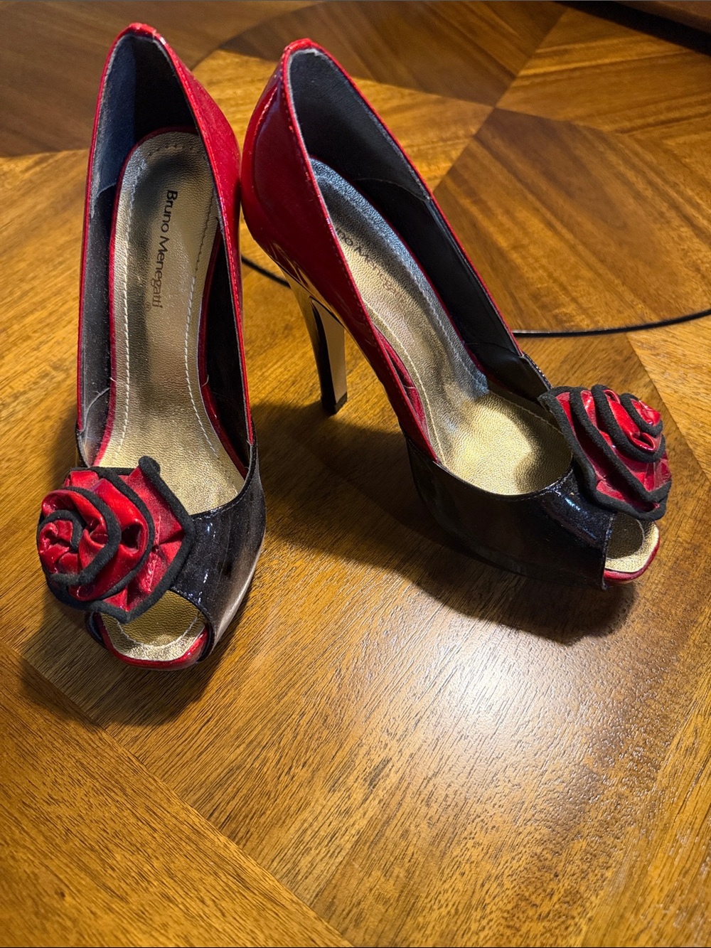 Red and Black Peep-Toe Stiletto Heels with Rose Accent